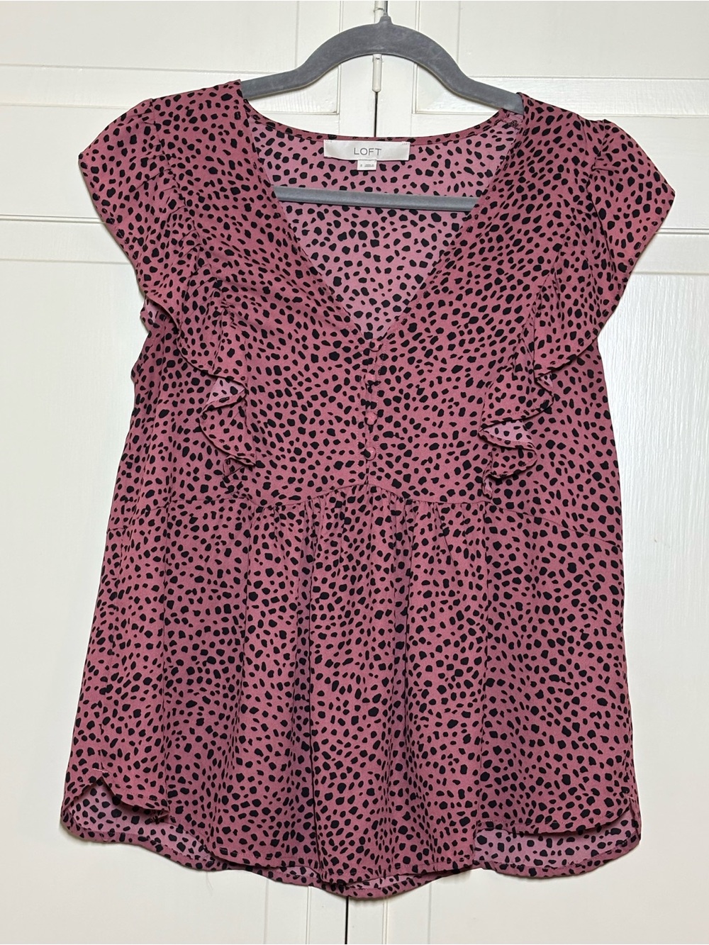 LOFT Dusty Rose Dot Ruffle V-Neck Blouse